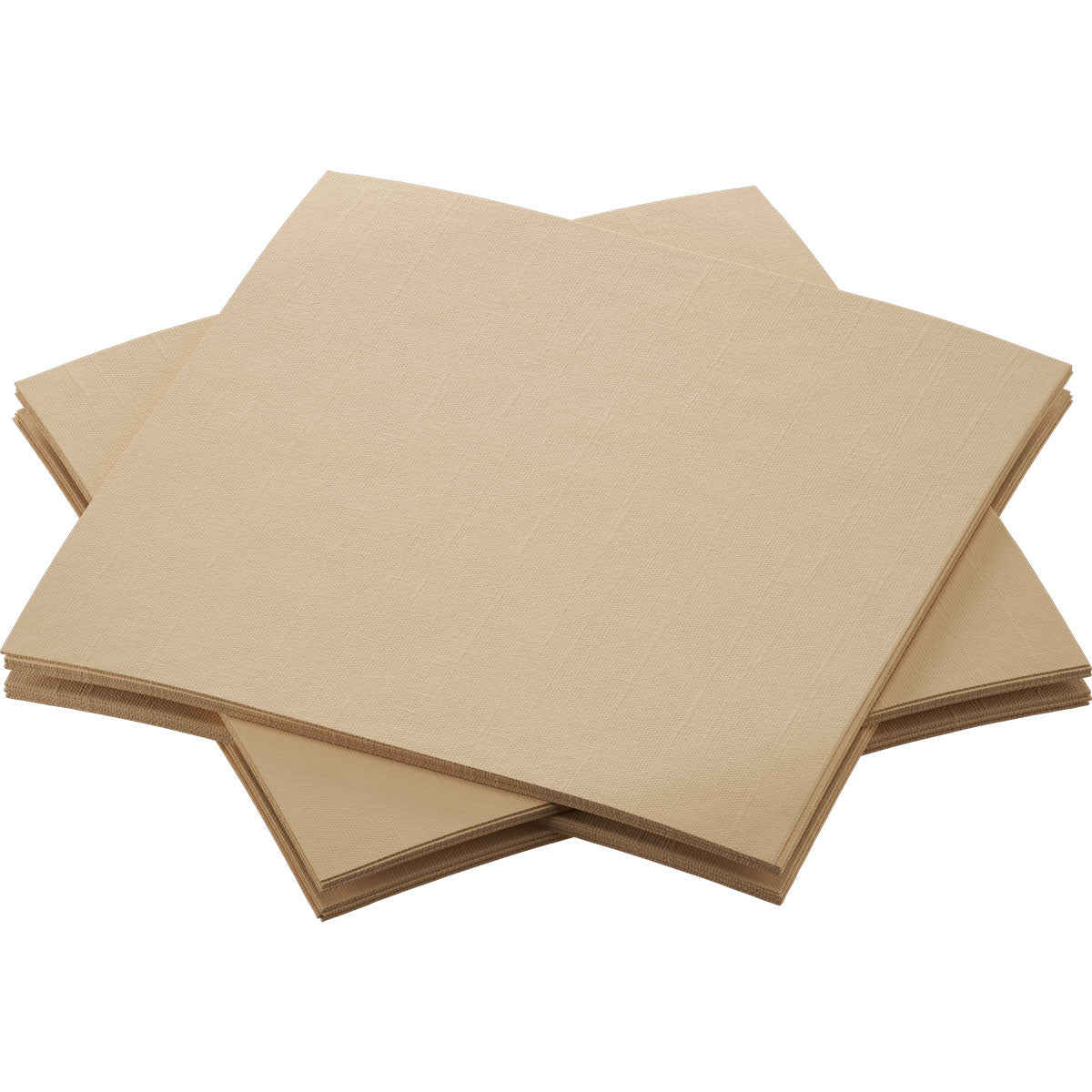 Quatro pilhas de guardanapos Bio-Dunisoft 20x20cm da Duni GmbH, marrons e quadrados, estão dispostas de forma sobreposta em um fundo branco. Estes guardanapos biodegradáveis e ecológicos são lisos e não texturizados.