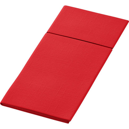 O Duniletto-Slim 40x33cm da Duni GmbH é um guardanapo de tecido vermelho retangular com um padrão de textura discreto, que combina perfeitamente com bases higiênicas para montar uma mesa limpa e elegante.
