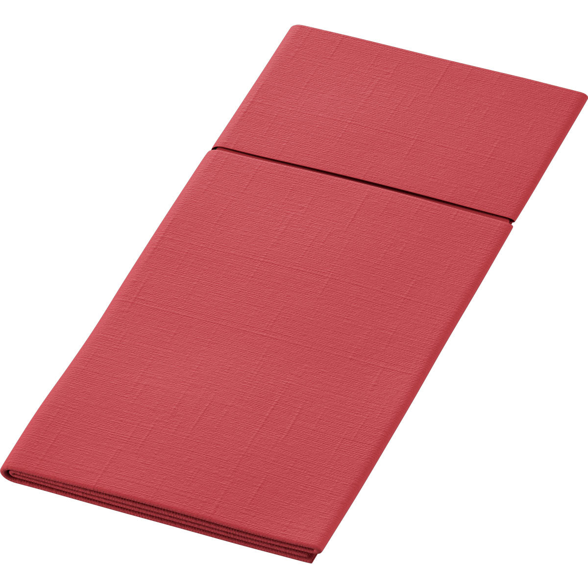 Um guardanapo Duniletto-Slim 40x33cm vermelho retangular dobrado da Duni GmbH com um padrão texturizado sobre um fundo branco - perfeito como base higiênica para uma mesa elegantemente posta.