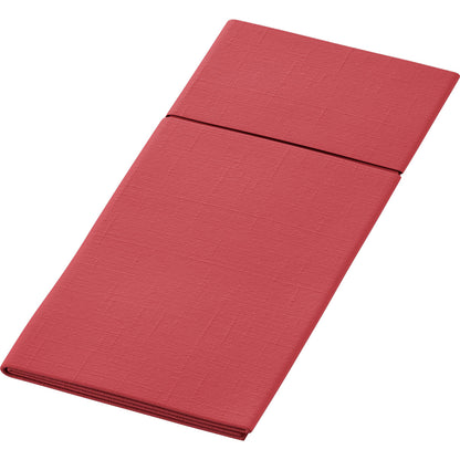Um guardanapo Duniletto-Slim 40x33cm vermelho retangular dobrado da Duni GmbH com um padrão texturizado sobre um fundo branco - perfeito como base higiênica para uma mesa elegantemente posta.