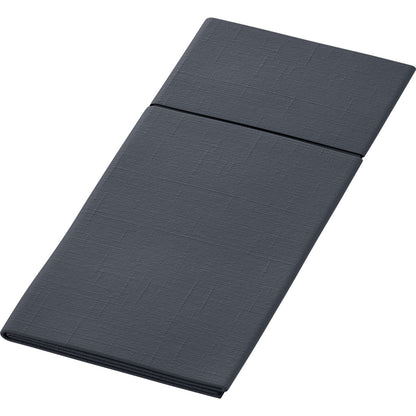 Um colchão ou almofada retangular escuro cinza dobrado em três está bem dobrado, com uma dobra visível separando as seções. O tecido texturizado sutilmente se assemelha às bases higiênicas usadas no Duniletto-Slim 40x33cm da Duni GmbH.