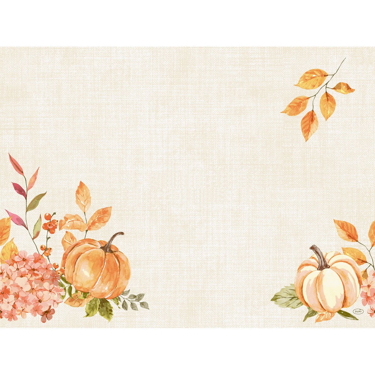 Um fundo bege com textura, com duas abóboras pintadas em aguarela, flores de outono e folhas alaranjadas — perfeito para destacar o seu texto ou desenho nos conjuntos biodegradáveis Bio-Dunicel 30x40 Spicy Pumpkin da Duni GmbH (embalagem com 100 unidades).