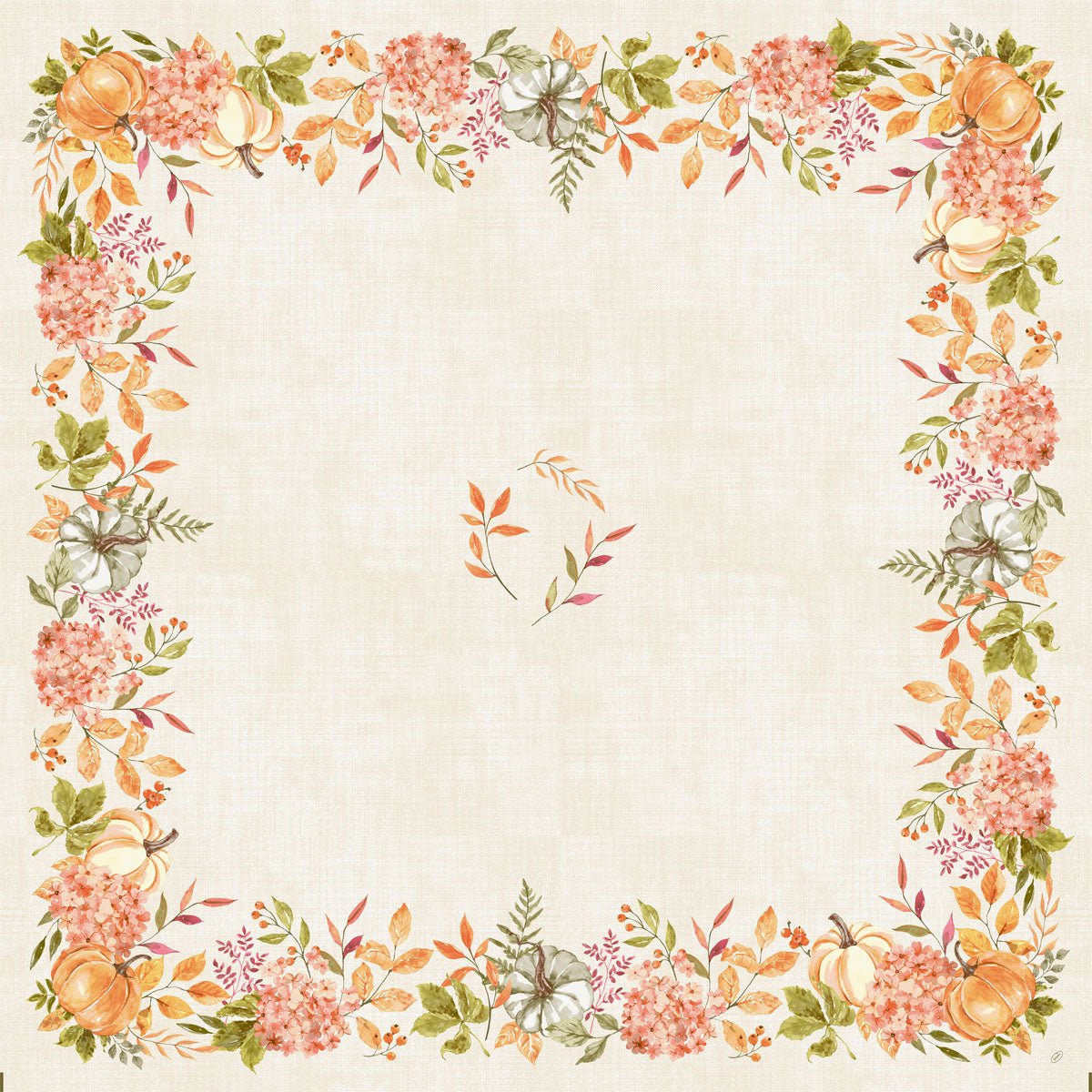 A toalha de mesa quadrada bege Bio-Dunicel 84x84cm da Duni GmbH é decorada com uma borda floral outonal com acentos de Abóbora Picante em laranja, verde e creme - ideal para uma decoração de mesa sustentável. Embalagem: 20 unidades.