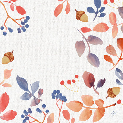 Uma borda aquarelada de folhas de outono vermelhas, laranjas e azuis envolve um fundo texturizado creme - ideal para destacar os guardanapos Bio-Dunisoft 40x40cm da Duni GmbH no centro.