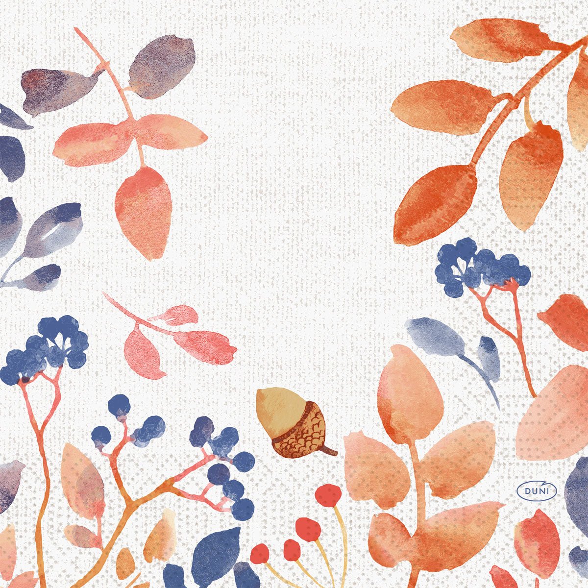 Folhas de outono aquareladas, bagas e bolotas em laranja, vermelho e azul sobre fundo branco texturizado - perfeito para decoração de mesa outonal com guardanapos Duni GmbH 33x33 3 camadas 1/4 Autumn Gradient (embalagem com 50 unidades).