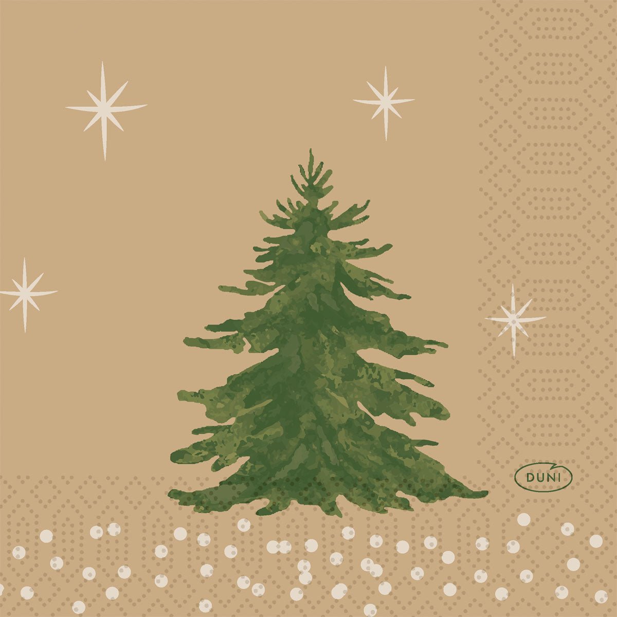Uma árvore de Natal verde em fundo castanho claro com estrelas brancas e padrões geométricos adorna os guardanapos 24x24 de 3 camadas "Humble Trees" (250 peças) da Duni GmbH. O pequeno logotipo "DUNI" está localizado num oval no canto inferior direito, e os guardanapos são ecológicos.