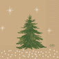 Uma árvore de Natal verde em fundo castanho claro com estrelas brancas e padrões geométricos adorna os guardanapos 24x24 de 3 camadas "Humble Trees" (250 peças) da Duni GmbH. O pequeno logotipo "DUNI" está localizado num oval no canto inferior direito, e os guardanapos são ecológicos.