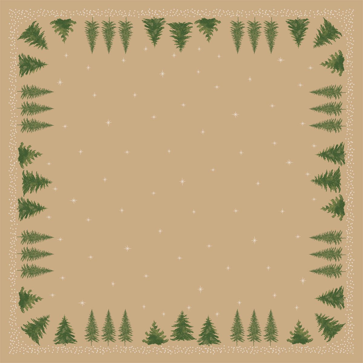 Um quadrado castanho-claro com pontos e estrelas brancas, emoldurado por pinheiros verdes, cria um visual festivo - ideal para a decoração de mesa com a toalha de mesa Bio-Dunicel 84x84cm "Humble Trees" da Duni GmbH (embalagem: 20 unidades, biodegradável).
