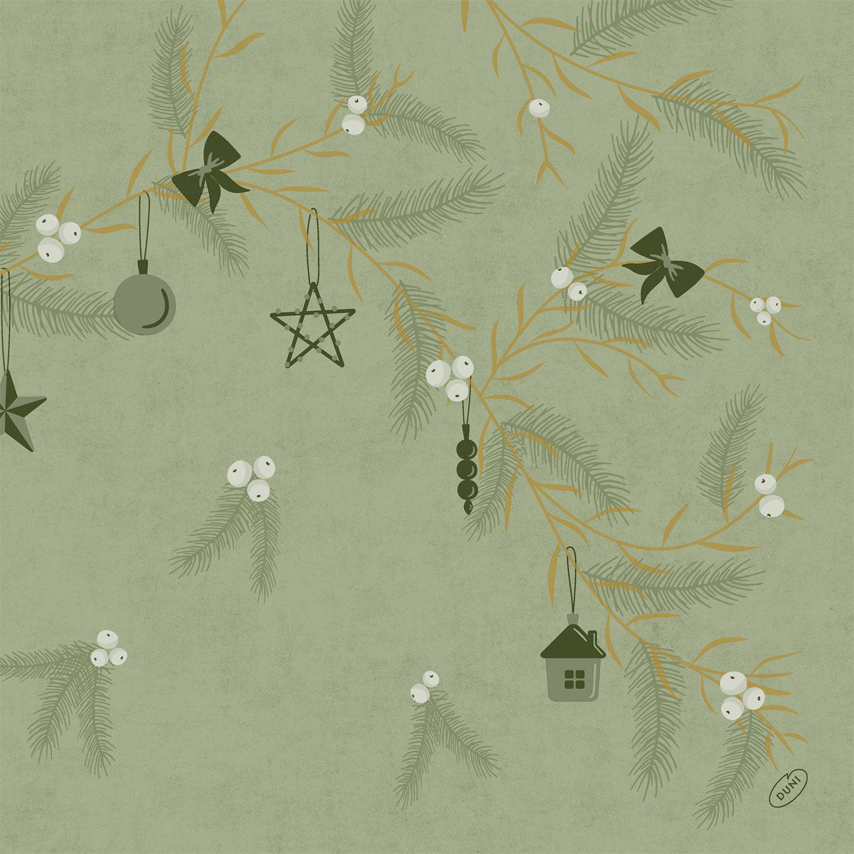 Ilustração de ramos de pinheiro com bagas brancas e ornamentos verde-escuros em fundo verde texturizado, com guardanapos Bio-Dunisoft 40x40cm da Duni GmbH como parte da decoração festiva.