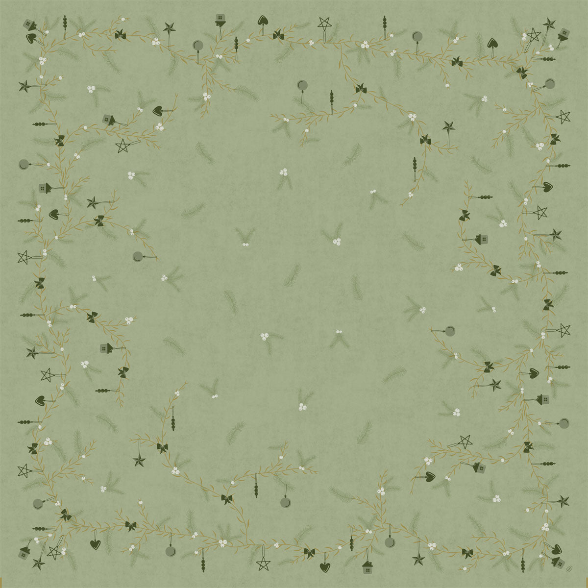 Die Bio-Dunicel Mitteldecke 84x84 cm Noel Pistachio von Duni GmbH hat ein hellgrünes, quadratisches Design mit goldenen und dunkelgrünen Ranken, weißen Blüten und Sternen - perfekt für eine festliche, umweltfreundliche Weihnachtstischdekoration. Packung: 20 Stück.