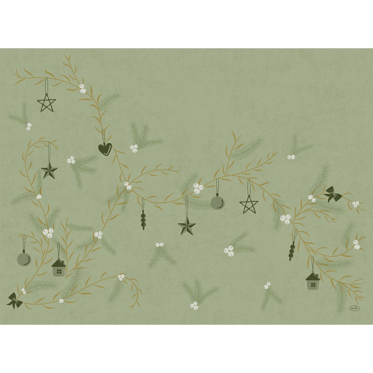 Os conjuntos Bio-Dunicel 30x40 Noel pistache da Duni GmbH apresentam ramos decorativos com ornamentos, estrelas, corações, casas de pássaros e bagas brancas sobre um fundo verde coberto - perfeito para uma mesa elegante e sustentável. Embalagem (100 unidades).