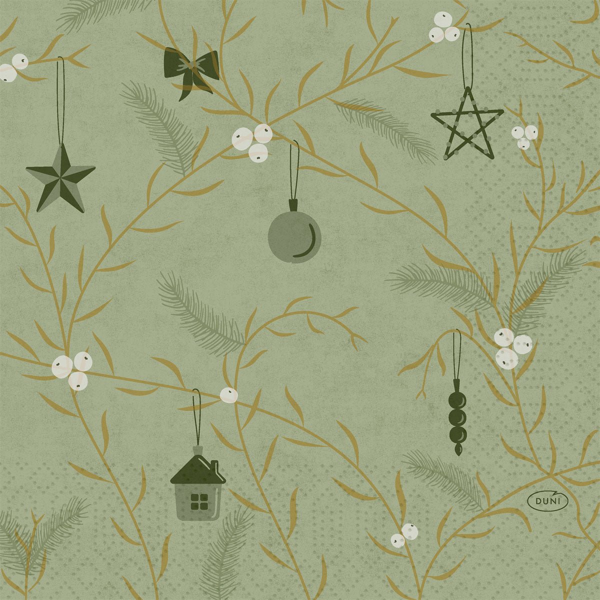 Guardanapos Duni 1/4-dobra "Noel" (33x33 cm, verde pistache) da Duni GmbH apresentam um design verde com ramos dourados, bagas brancas, estrelas, laços, uma casa e ornamentos para uma mesa festiva. Embalagem com 250 peças.