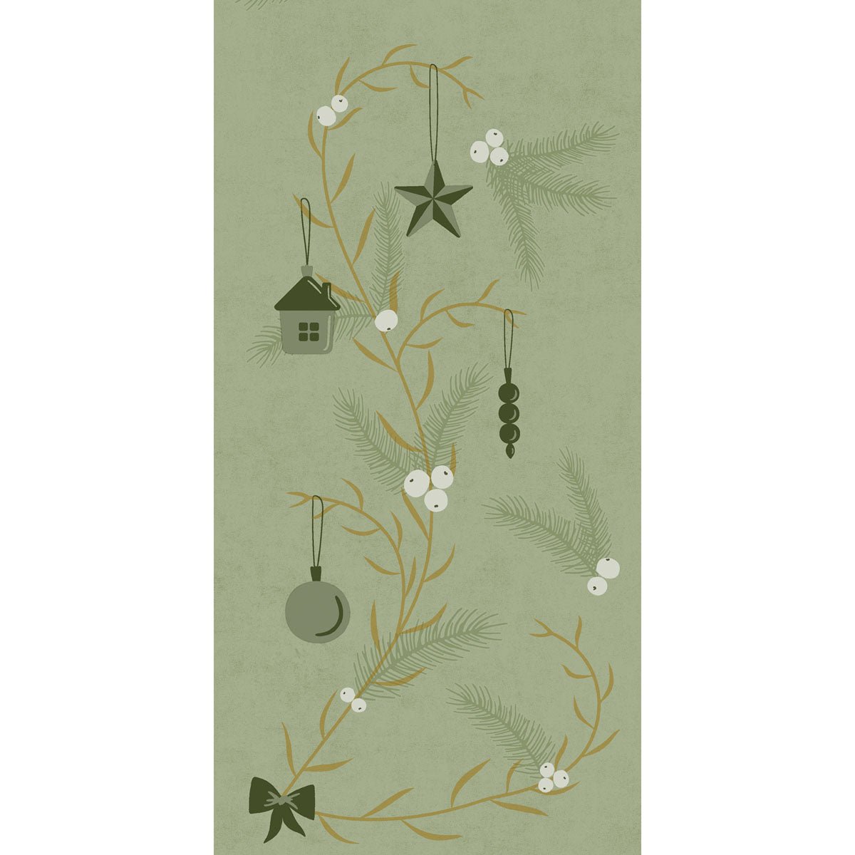 Um padrão vertical de ramos de pinheiro com bagas brancas e ornamentos verdes adorna os guardanapos Bio-Dunisoft 40x40cm 1/8F da Duni GmbH e confere um toque festivo ao fundo verde posto.