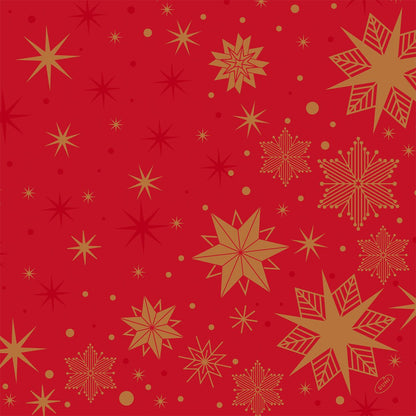Um fundo vermelho com estrelas douradas e vermelho-escuras e flocos de neve cria um padrão festivo e natalício - perfeito para os guardanapos Bio-Dunisoft 40x40cm da Duni GmbH.