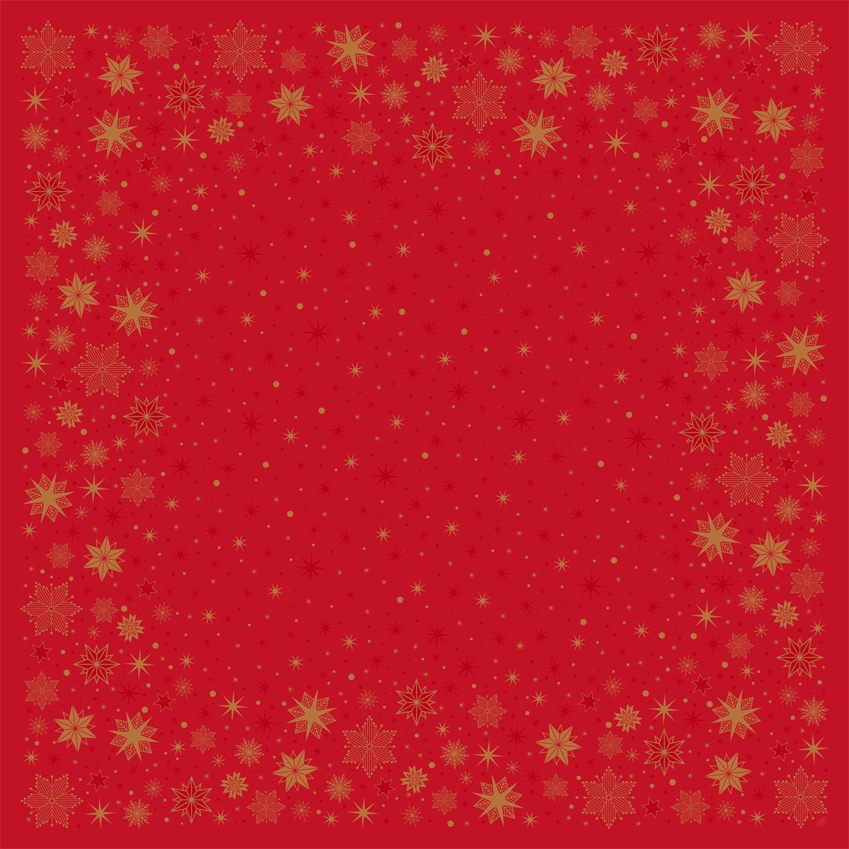 A toalha de mesa Bio-Dunicel 84x84 cm em vermelho da Duni GmbH tem uma borda de flocos de neve e estrelas douradas com estrelas douradas espalhadas, proporcionando um visual festivo - perfeito para eventos de observação de estrelas. Embalagem com 20 peças.