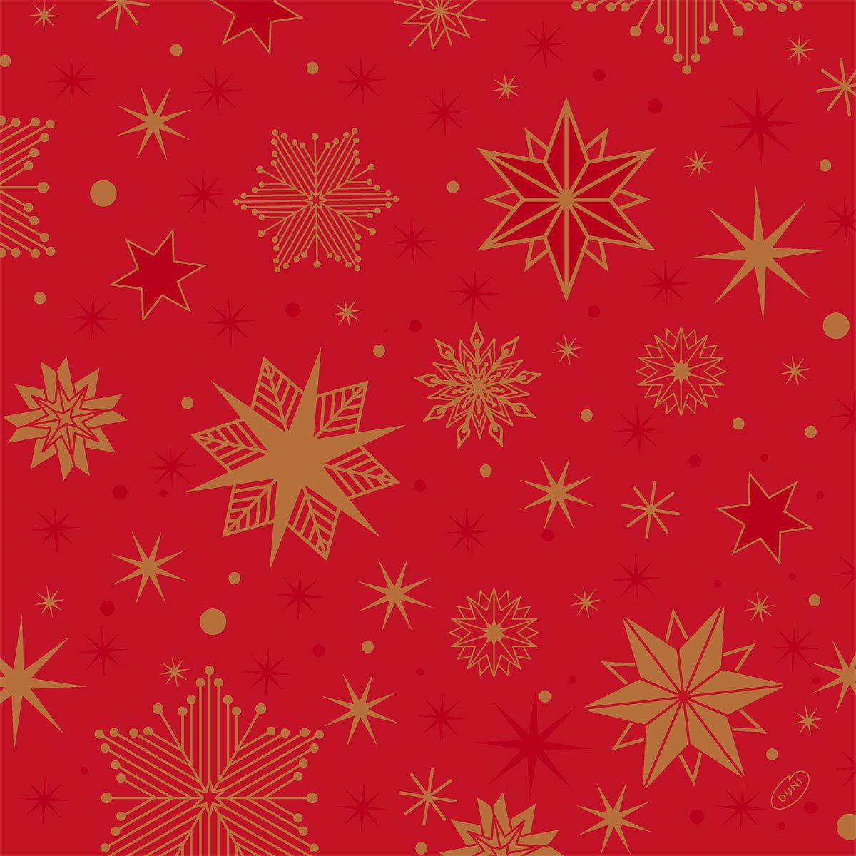 Os guardanapos Duni Classic Stargazing vermelhos (40x40 cm, 4 camadas, 50 unidades) da Duni GmbH têm um fundo vermelho festivo com padrões de estrelas douradas e amarelas - ideal para dar um toque de elegância a ocasiões especiais.