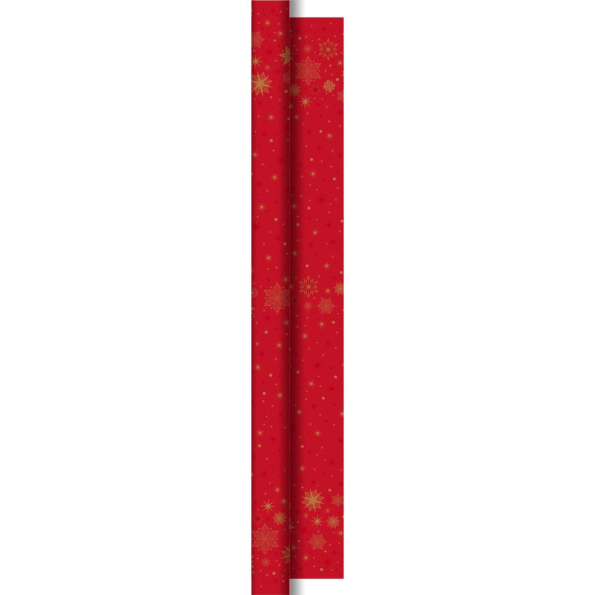A Duni GmbH Dunicel-Rolle Star Stargazing vermelho (25 m x 1,18 m), ideal para festas, apresenta padrões de flocos de neve dourados e estrelas - perfeito como decoração de mesa para ocasiões festivas.
