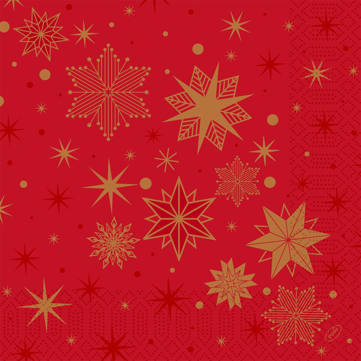 Guardanapos Duni GmbH 1/4-dobra, 40x40 cm em vermelho com design "Stargazing": Várias estrelas douradas e flocos de neve adornam o fundo, complementados por pontos dourados e vermelhos. Guardanapos elegantes de 3 camadas em embalagem de 250 unidades.