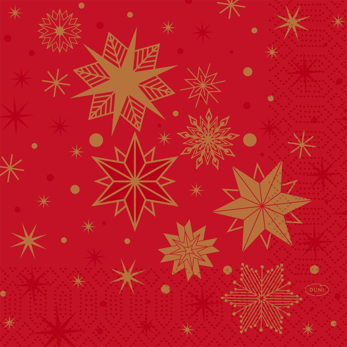 Os guardanapos Duni GmbH 1/4 de dobra, 33x33 cm em vermelho "Stargazing" têm um fundo vermelho com estrelas douradas, flocos de neve, pontos e padrões geométricos - ideal para ocasiões festivas. Embalagem com 250 unidades.