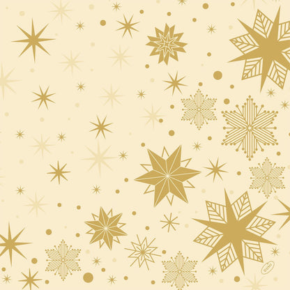 Um fundo bege com estrelas douradas e flocos de neve em vários tamanhos, formando um padrão repetitivo - ideal para os guardanapos Bio-Dunisoft 40x40cm da Duni GmbH.