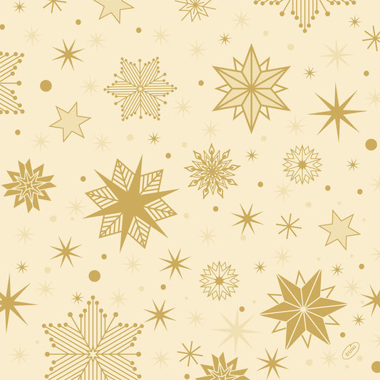 Die Duni GmbH Servietten 40x40 4-lagig Klassik Stargazing creme (Packung 50 Stück) zeigt goldene geometrische Sternenbilder und Schneeflocken auf einem hellbeigen Hintergrund - ideal, um jeder Feier festliche Eleganz zu verleihen.