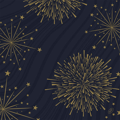 Os guardanapos Bio-Dunisoft 40x40cm da Duni GmbH apresentam fogos de artifício dourados e estrelas em um fundo azul-marinho com linhas onduladas. Com esses guardanapos sustentáveis, qualquer evento ganha um toque festivo e ecológico.