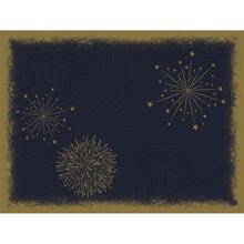 Um fundo azul escuro com padrões abstratos de fogos de artifício e estrelas em ouro, emoldurado por uma moldura dourada texturizada. Inspirado nos conjuntos Bio-Dunicel 30x40 Sparkly black (100 unidades) da Duni GmbH, perfeito para uma mesa elegantemente decorada para festas.