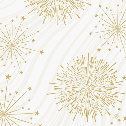 Padrões de explosão de estrelas e fogos de artifício dourados com várias formas de linhas e estrelas adornam um fundo branco com ondas cinza discretas, proporcionando um visual festivo - ideal para os guardanapos Bio-Dunisoft 40x40cm da Duni GmbH em qualquer ocasião.