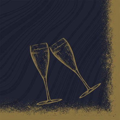 Dois copos de champanhe ilustrados em dourado tilintam diante de um fundo texturizado azul-escuro-dourado e combinam perfeitamente com os guardanapos Bio-Dunisoft 40x40cm da Duni GmbH para suas celebrações conscientes do meio ambiente.