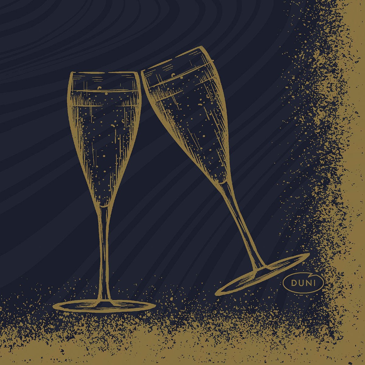 Nos guardanapos pretos Bio-Dunisoft 20x20 Sparkly Cheers da Duni GmbH (embalagem, 180 unidades), há um desenho simples de duas taças de champanhe a tocar-se, destacando-se num fundo escuro com salpicos dourados e um oval "DUNI" no canto inferior direito.