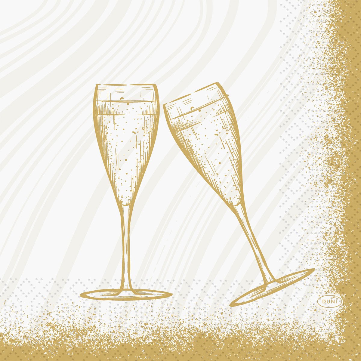 Um simples desenho em linha dourada de duas taças de champanhe sobre branco com salpicos dourados - ideal para guardanapos Duni GmbH 33 3-camadas 1/4 Sparkly Cheers branco (50 peças) para festas ou celebrações elegantes.