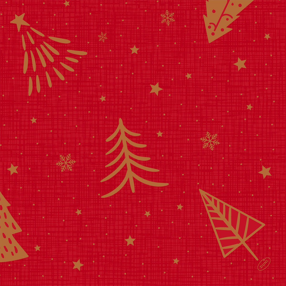 Os guardanapos Bio-Dunisoft 40x40cm da Duni GmbH têm um fundo xadrez vermelho com árvores de Natal douradas, estrelas e flocos de neve - um toque festivo e ecológico para a sua mesa de festa.