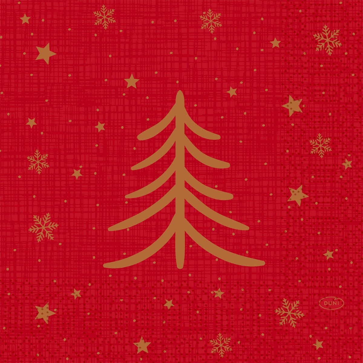 Duni GmbH Guardanapos 33x33 3-camadas, Embalagem (50 unidades), com Design Shimmer Trees em fundo vermelho e estrelas douradas e flocos de neve conferem a qualquer mesa festiva um charme festivo.
