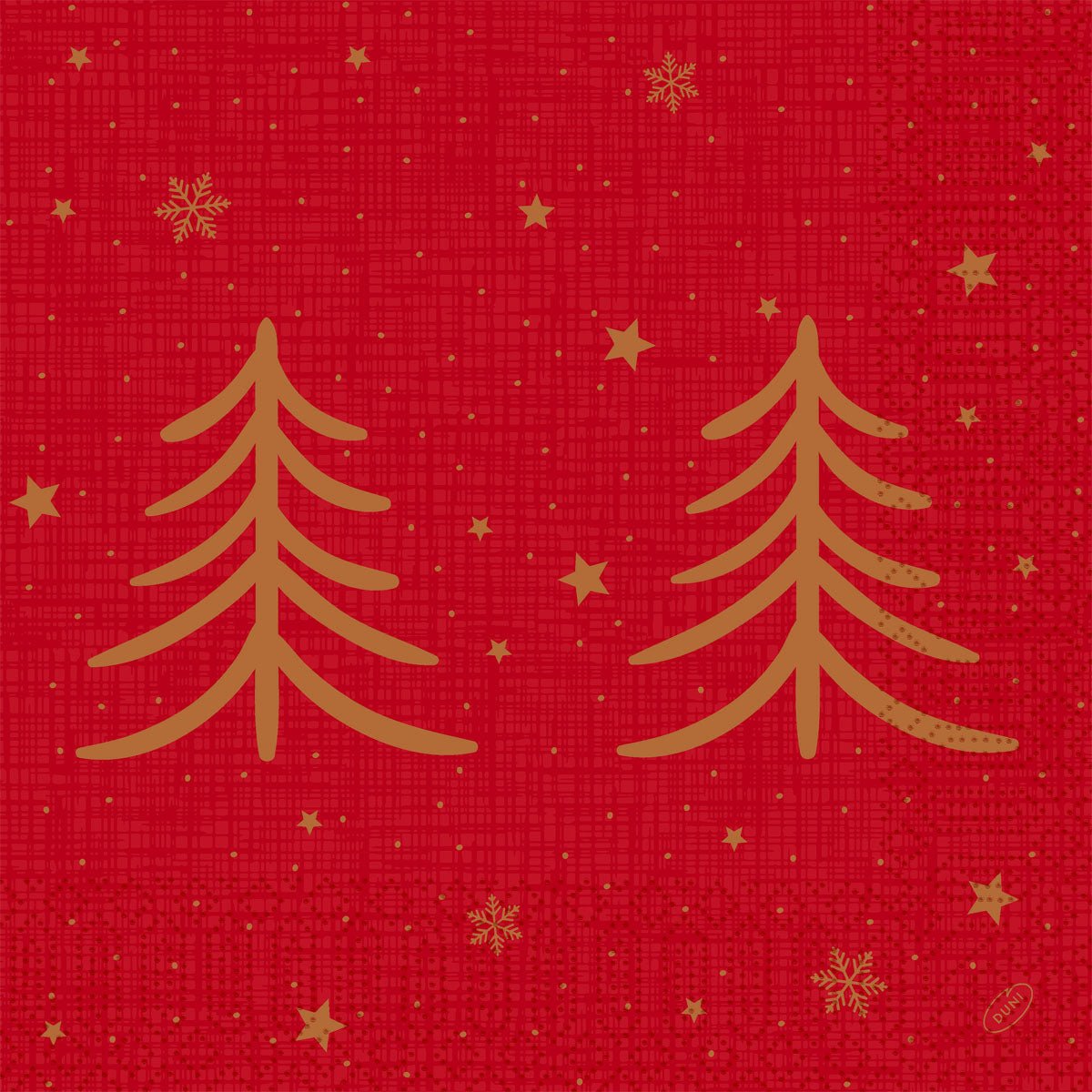 Os guardanapos 40x40 3 camadas 1/4 Shimmer Trees (Pacote, 250 unidades) da Duni GmbH apresentam duas árvores douradas brilhantes sobre um fundo vermelho padronizado com estrelas douradas e flocos de neve - ideal para conferir elegância a qualquer mesa festiva.