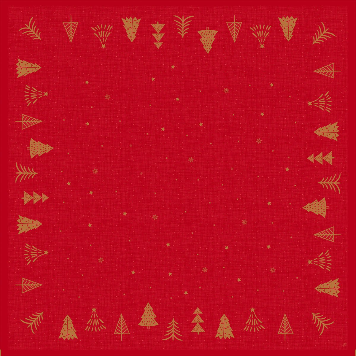A toalha de mesa média Bio-Dunicel 84x84cm Shimmer Trees da Duni GmbH tem um design quadrado vermelho com bordas de árvores de Natal douradas e estrelas douradas espalhadas - perfeita para uma toalha de mesa festiva e ecológica. Embalagem: 20 unidades.