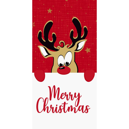 Um rena de desenho animado com grandes galhadas e nariz vermelho segura um cartaz de "Feliz Natal" sobre um fundo vermelho de 40x40cm com estrelas douradas - ideal para a concepção dos guardanapos Bio-Dunisoft 1/8F da Duni GmbH.