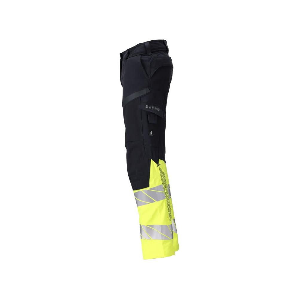 Calças, senhora, DIAMOND, bolsos nos joelhos, calças elásticas Multisafe, preto azul/amarelo de alta visibilidade