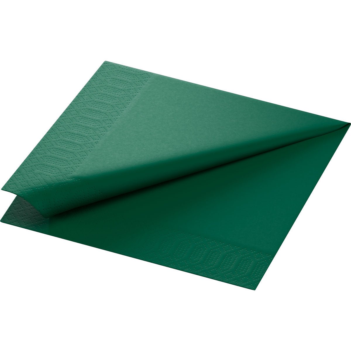As guardanapos de celulose Duni GmbH 40x40 cm 3 camadas 1/4 de dobra em verde caçador são de cor sólida e têm uma borda texturizada, que oferece uma durabilidade elegante para qualquer mesa. Disponível em embalagens de 250 guardanapos.