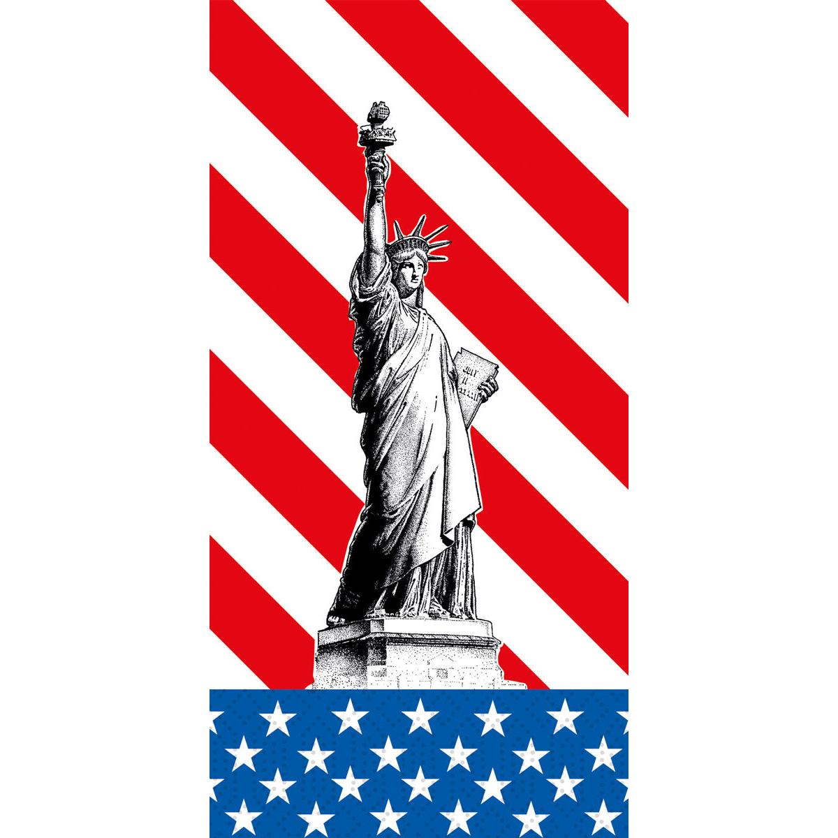 Os guardanapos de celulose 40x40 cm 2 camadas 1/8-dobra EUA da Duni GmbH apresentam a Estátua da Liberdade com listras vermelhas e brancas e estrelas azuis, que lembram a bandeira americana. Cada embalagem contém 300 guardanapos.