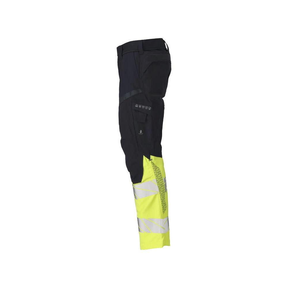 Calças com bolsos nos joelhos, inserções elásticas Calças Multisafe, preto azul/amarelo de alta visibilidade