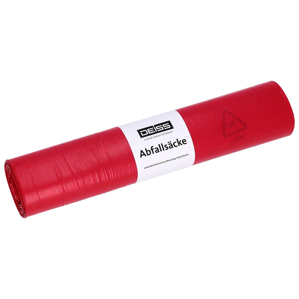 Mostrado está um saco de lixo DEISS Tipo 60 (70 l, 575x1000 mm) feito de LDPE reciclado da EMIL DEISS KG (GmbH + Co.), em vermelho com etiqueta branca "DEISS Abfallsäcke" e símbolo de reciclagem, sobre fundo branco sólido.