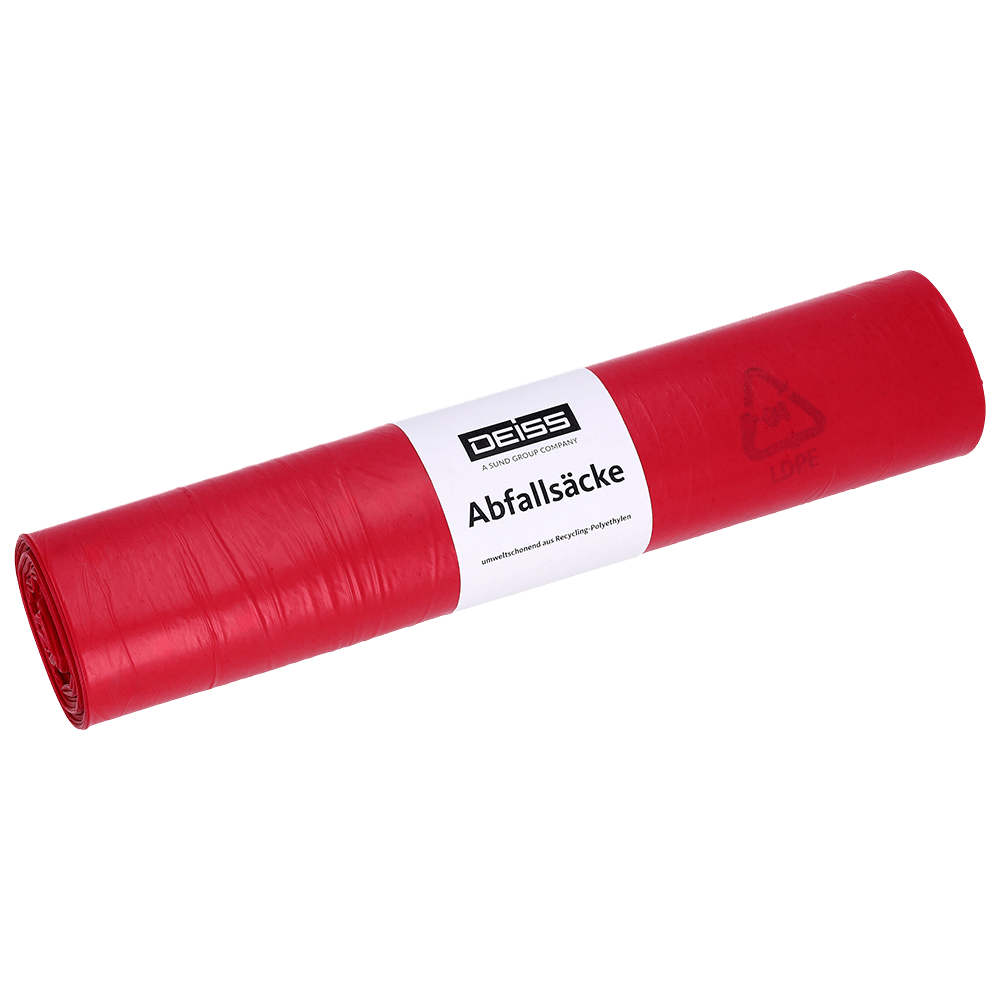 Um rolo EMIL DEISS KG (GmbH + Co.) DEISS 21720 sacos de lixo, 575x1000 mm em vermelho, 25 sacos por rolo, com etiqueta branca com a inscrição "DEISS sacos de lixo" e símbolos de reciclagem, ilustrado em um fundo branco simples.