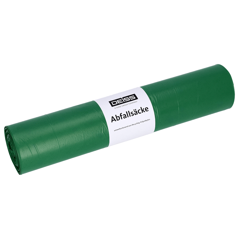 Um rolo de sacos de lixo verdes EMIL DEISS KG (GmbH + Co.) com a inscrição "DEISS 22070 - 700x1100 mm Tipo 60 verde | Rolo (25 peças)" é exibido em um fundo branco simples com etiqueta branca e logotipo.