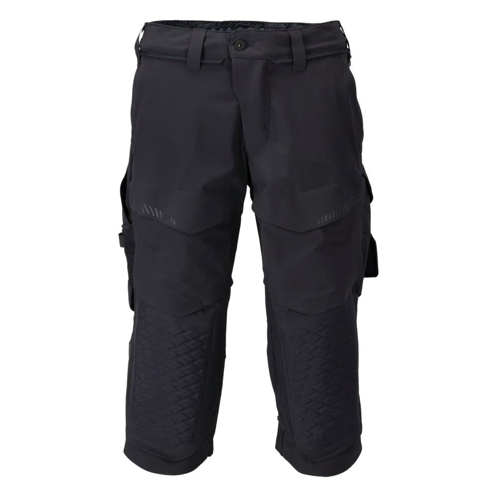 Calças três quartos, bolsos nos joelhos, calças stretch artesão três quartos, preto-azul