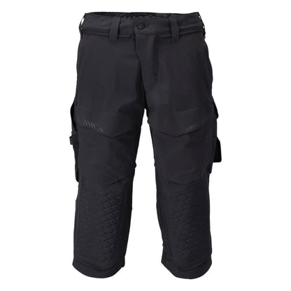 Calças três quartos, bolsos nos joelhos, calças stretch artesão três quartos, preto-azul