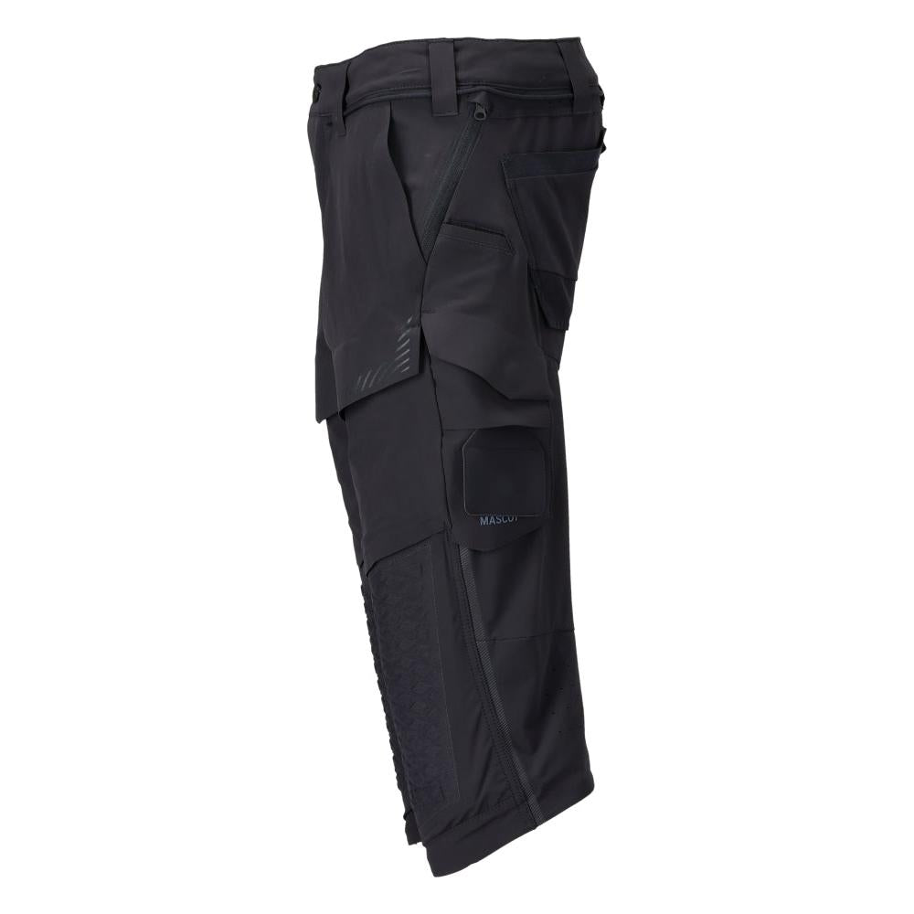Calças três quartos, bolsos nos joelhos, calças stretch artesão três quartos, preto-azul