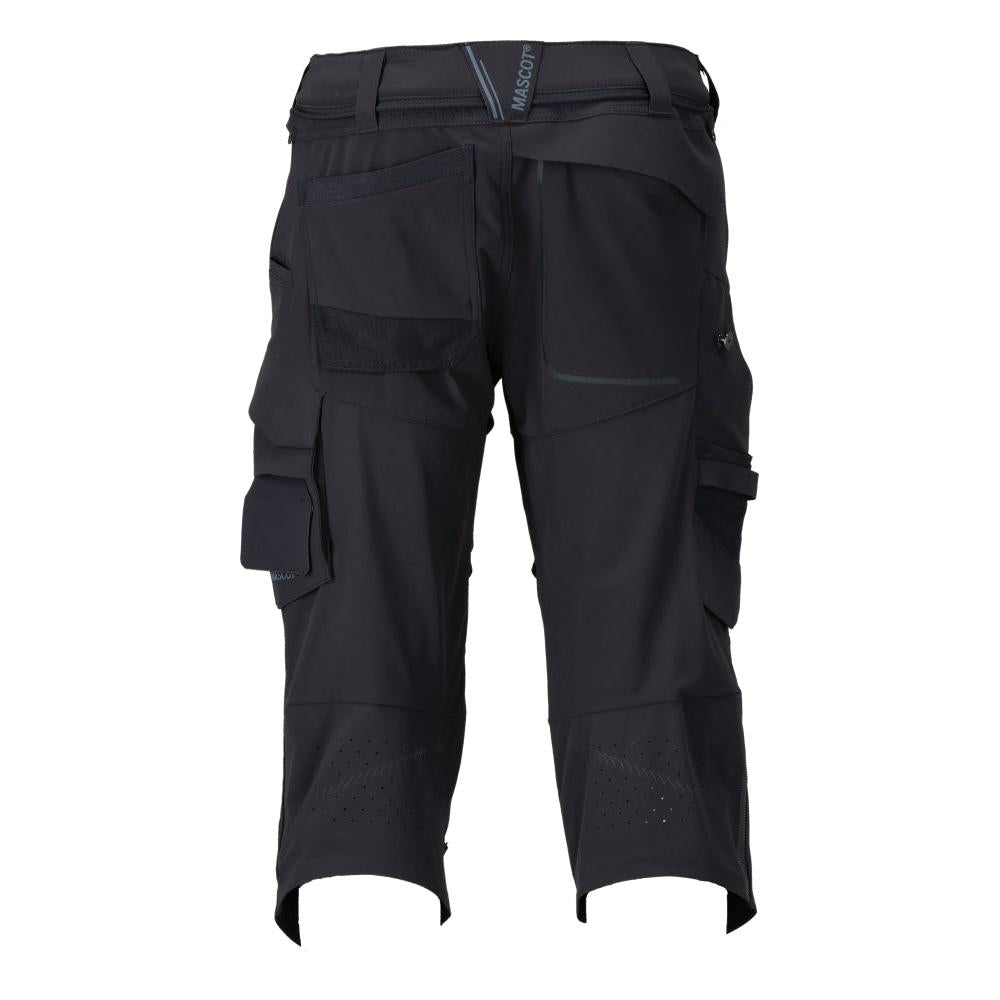 Calças três quartos, bolsos nos joelhos, calças stretch artesão três quartos, preto-azul