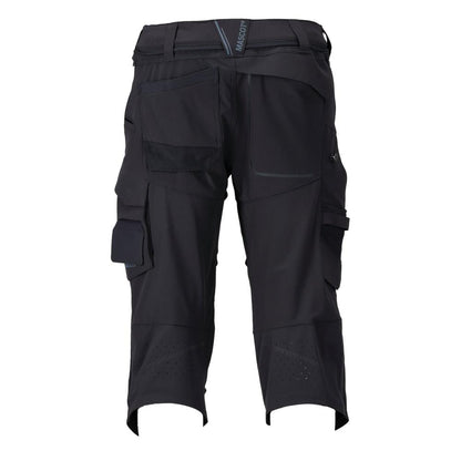 Calças três quartos, bolsos nos joelhos, calças stretch artesão três quartos, preto-azul