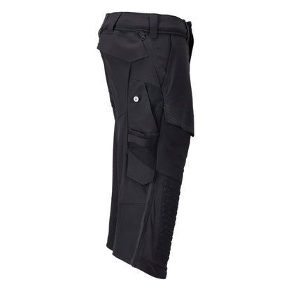 Calças três quartos, bolsos nos joelhos, calças stretch artesão três quartos, preto-azul