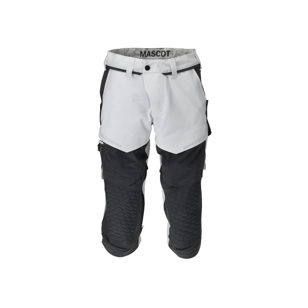 Calças três quartos, bolsos nos joelhos, calças stretch artesão três quartos, branco/cinza antracite